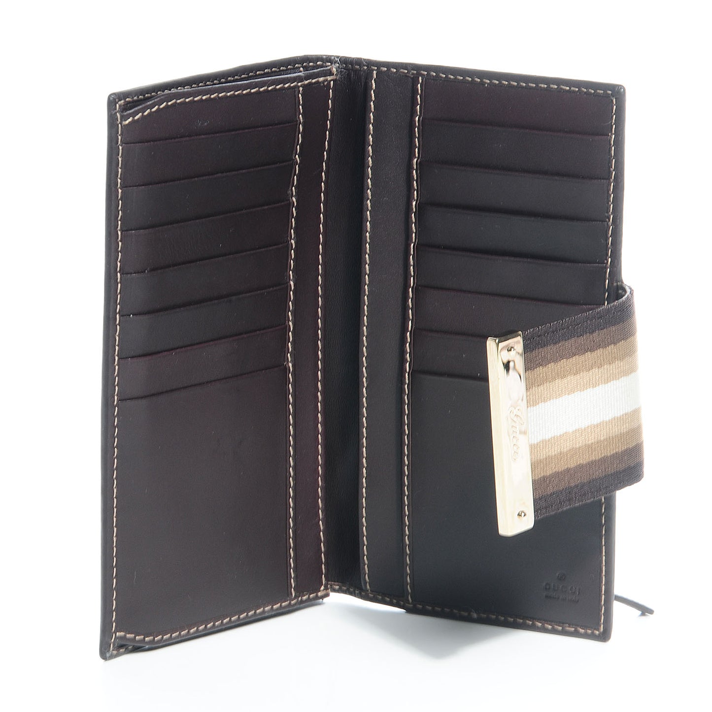 GG Plus Monogram Calfskin Ladies Web Continental Wallet Beige Ebony Brown