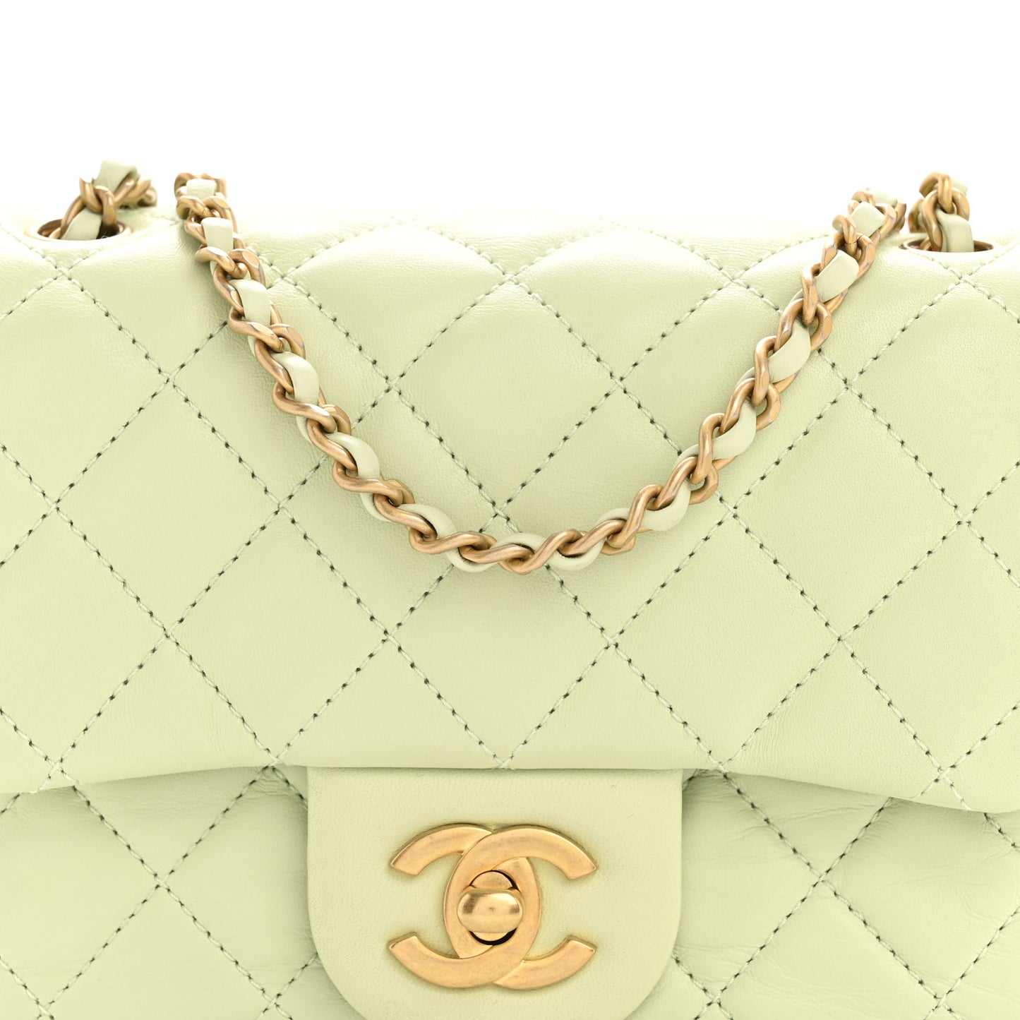 Lambskin Quilted Mini Pearl Crush Flap Light Green