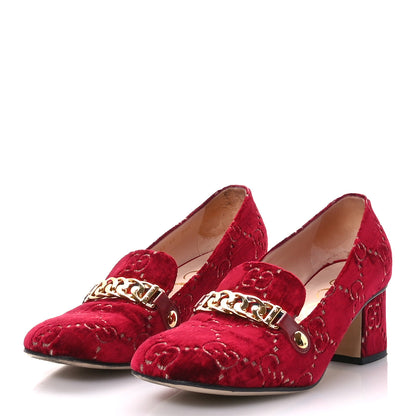 Gucci Velvet GG Monogram Sylvie Web Chain Mid Heel Loafers 40 Red Cipria 3 of 11