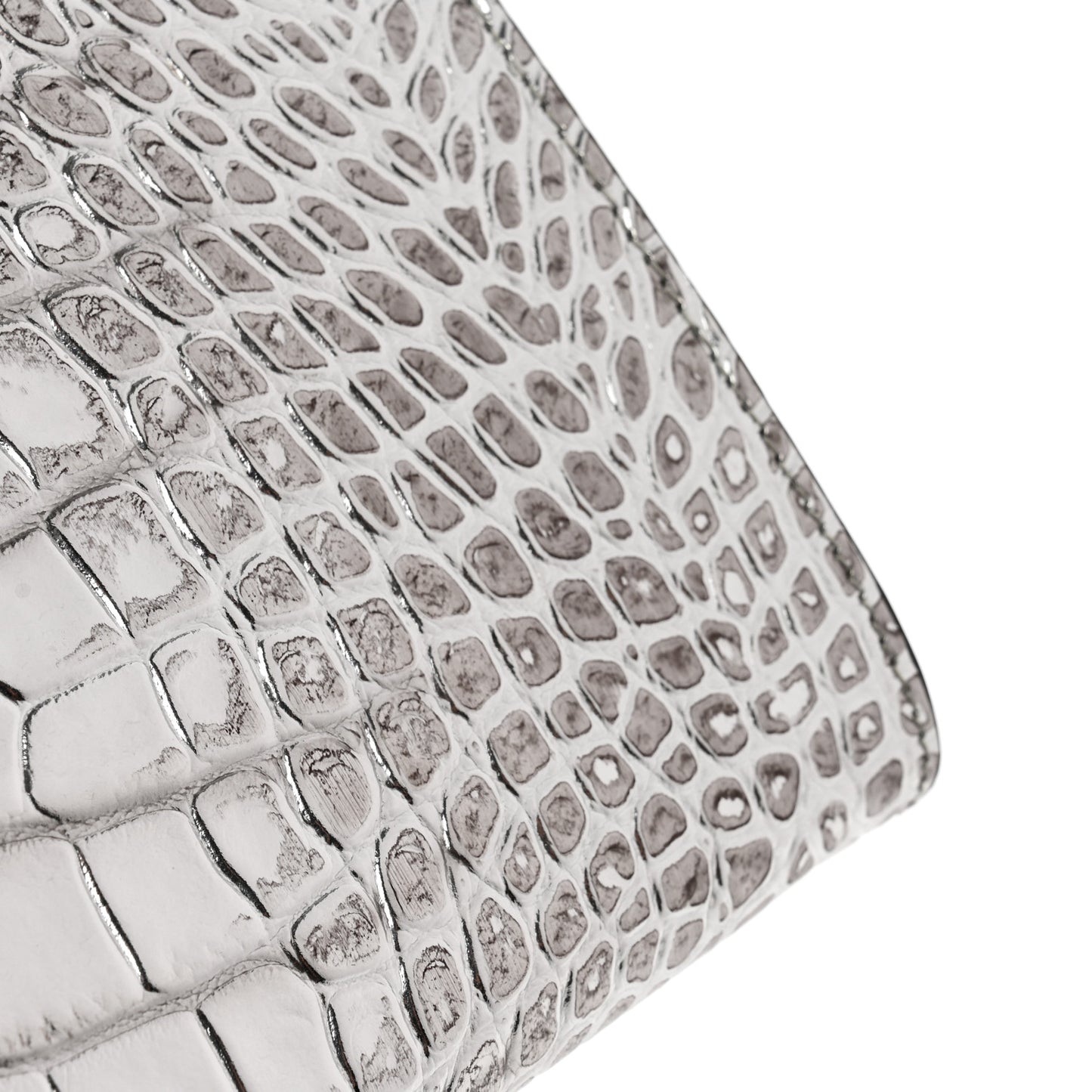 Metallic Calfskin Crocodile Embossed Four Ring Flat Pouch Bag Silver