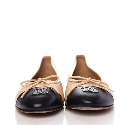 Chanel Lambskin Cap Toe CC Ballerina Flats 39.5 Beige Black 2 of 10