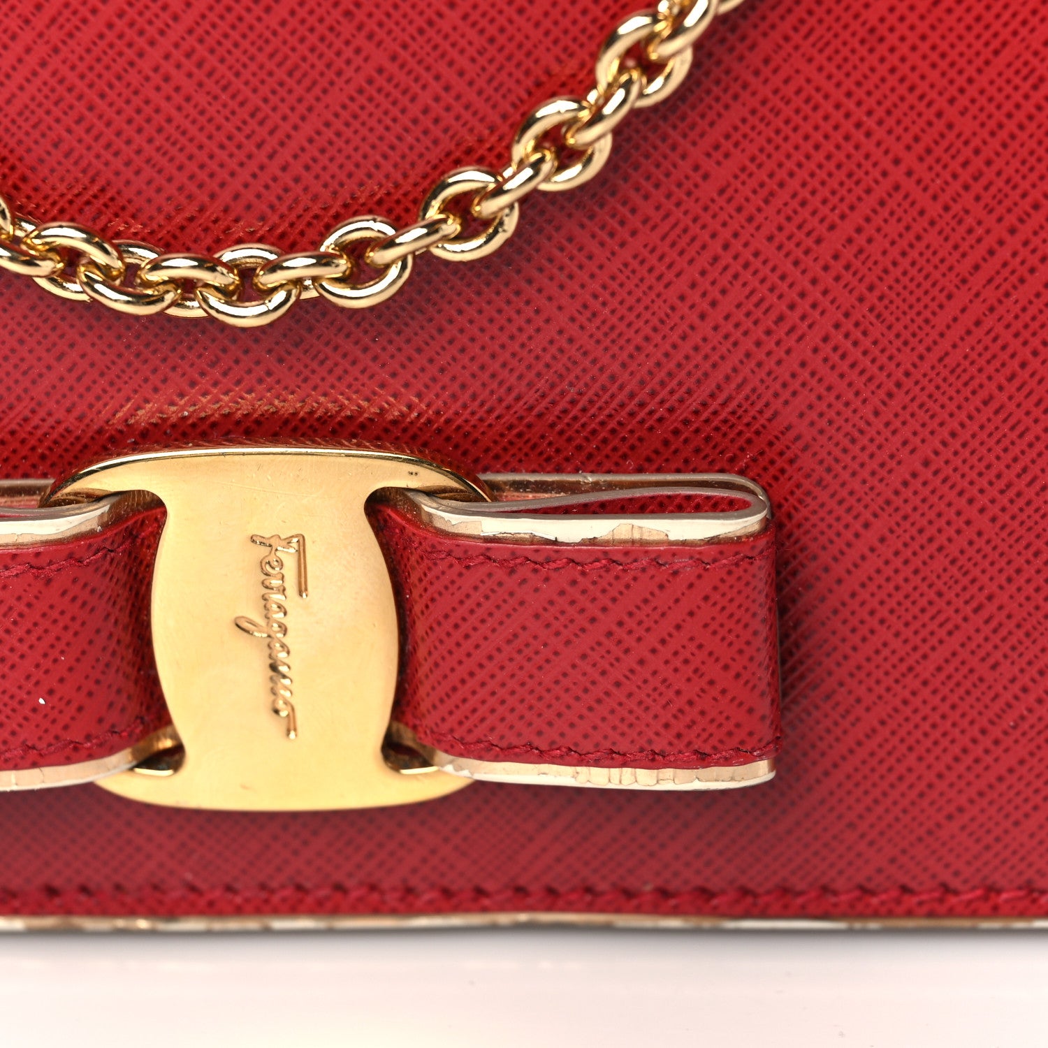 Salvatore Ferragamo Hammered Calfskin Vara Bow Chain Wallet Red 9 of 10