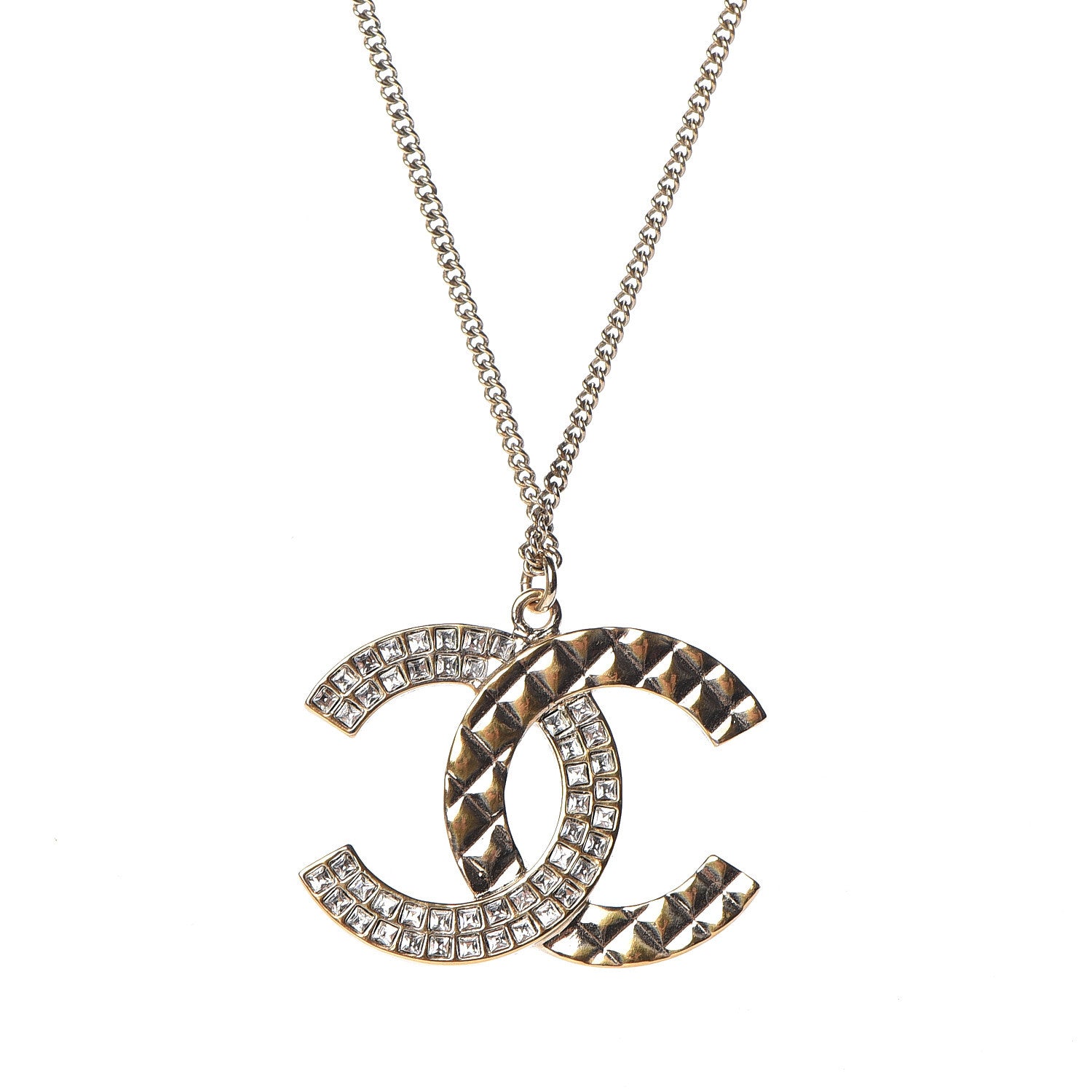 Chanel Baguette Crystal Quilted CC Pendant Necklace Gold 1 of 7