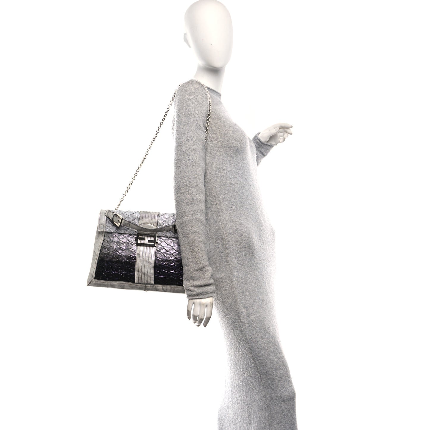 Iridescent Eelskin Maxi Chain Baguette Bag Grey Multicolor