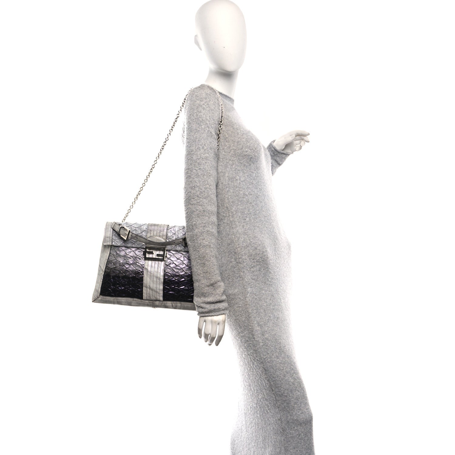 Fendi Iridescent Eelskin Maxi Chain Baguette Bag Grey Multicolor 2 of 10