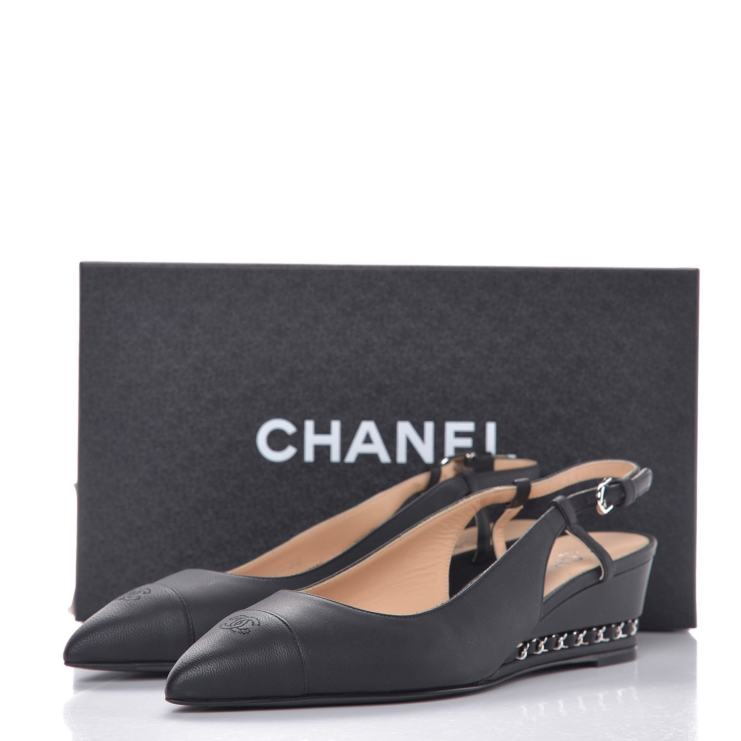 Lambskin Chain CC Cap Toe Slingback Wedge Sandals 37.5 Black