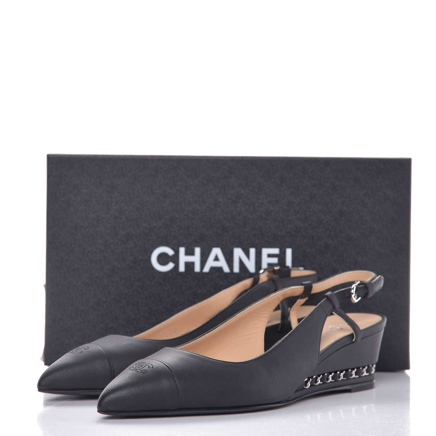 Chanel Lambskin Chain CC Cap Toe Slingback Wedge Sandals 37.5 Black 9 of 9