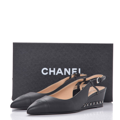 Chanel Lambskin Chain CC Cap Toe Slingback Wedge Sandals 37.5 Black 9 of 9