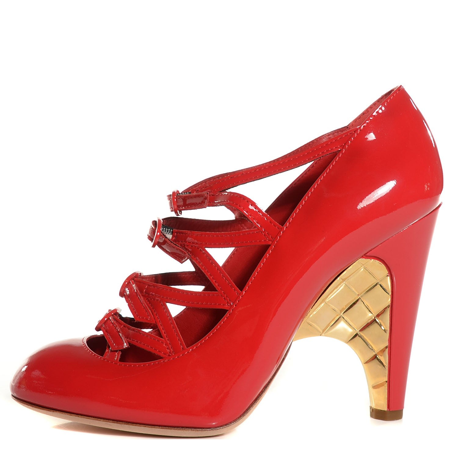 Chanel Patent Calfskin Quilted Pumps 38.5 Red Gold 1 of 7