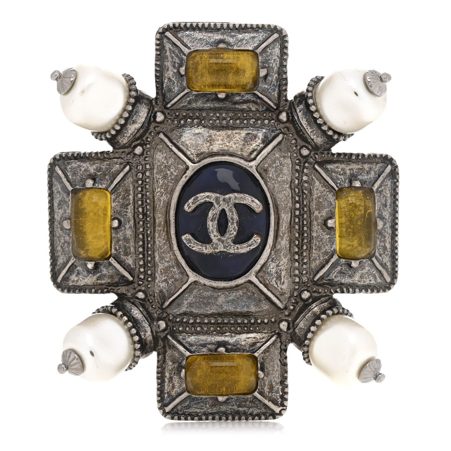 Metal Resin Gripoix Pearl CC Brooch Multicolor