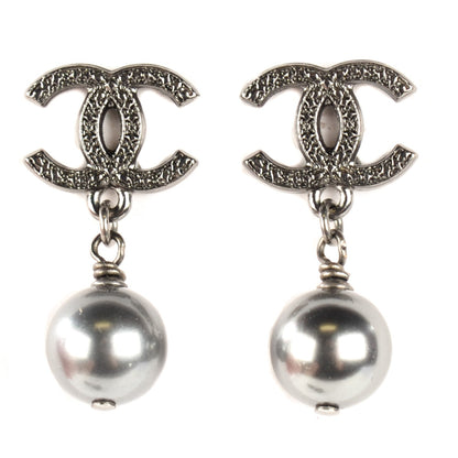 Chanel Pearl CC Drop Earrings Ruthenium Grey 1 of 5