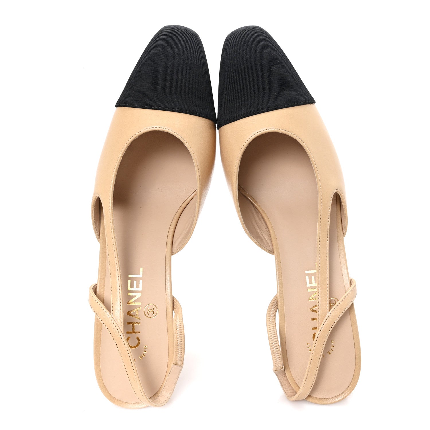Chanel Goatskin Grosgrain Cap Toe CC Slingback Pumps 40 Beige Black 2 of 9