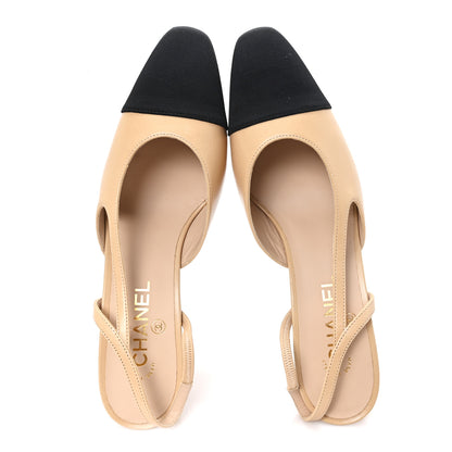 Chanel Goatskin Grosgrain Cap Toe CC Slingback Pumps 40 Beige Black 2 of 9