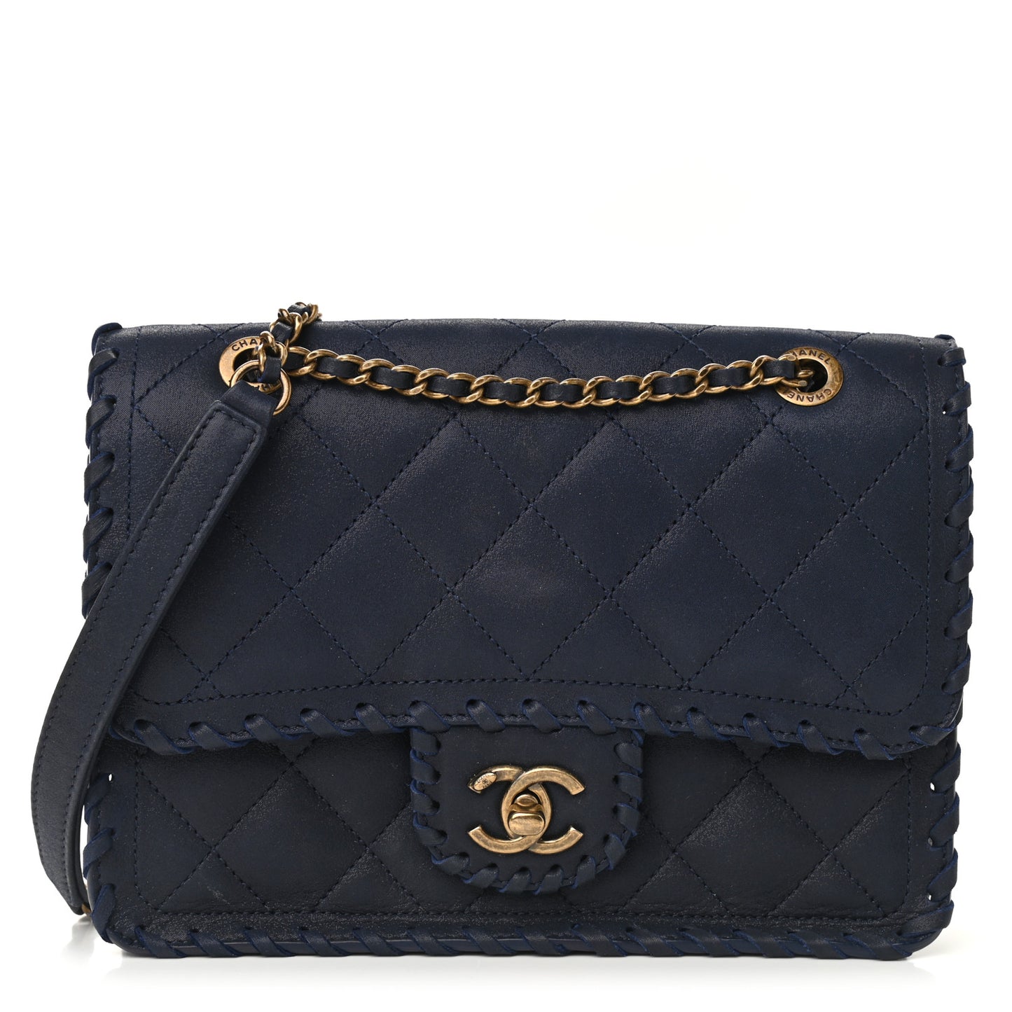 Iridescent Calfskin Small Happy Stitch Flap Navy