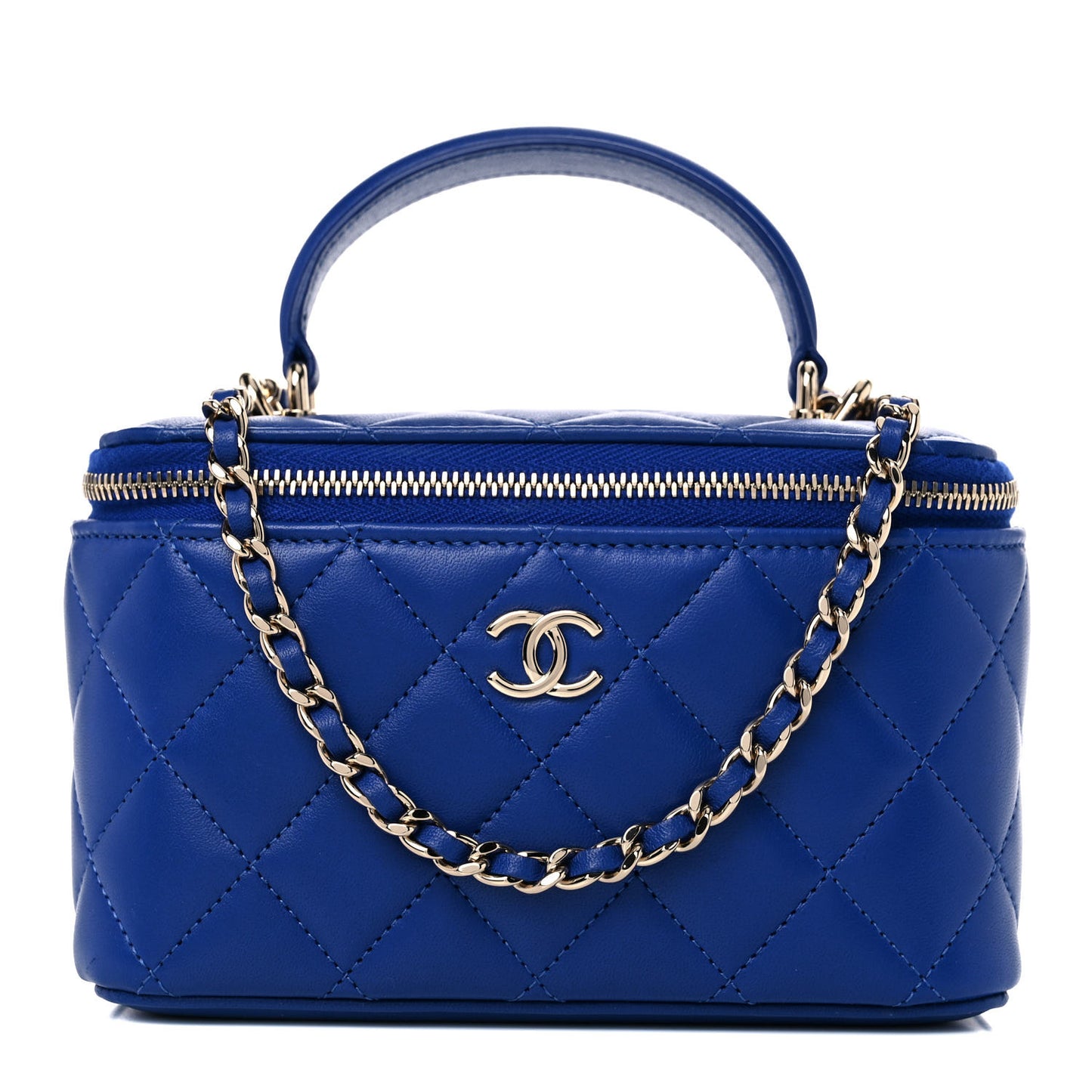 Lambskin Quilted Small Top Handle Vanity Case With Chain Blue