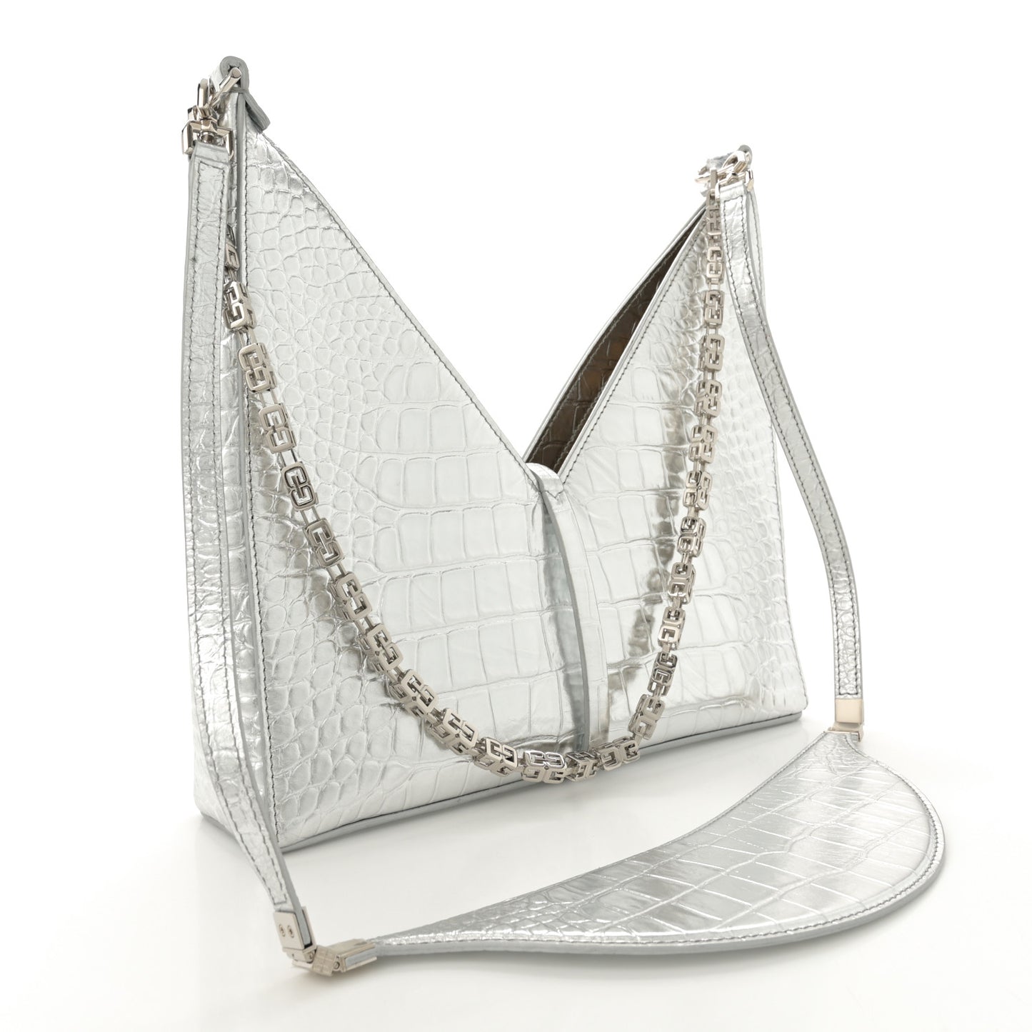 Metallic Calfskin Croc Embossed Small Cut Out Shoulder Bag Silver