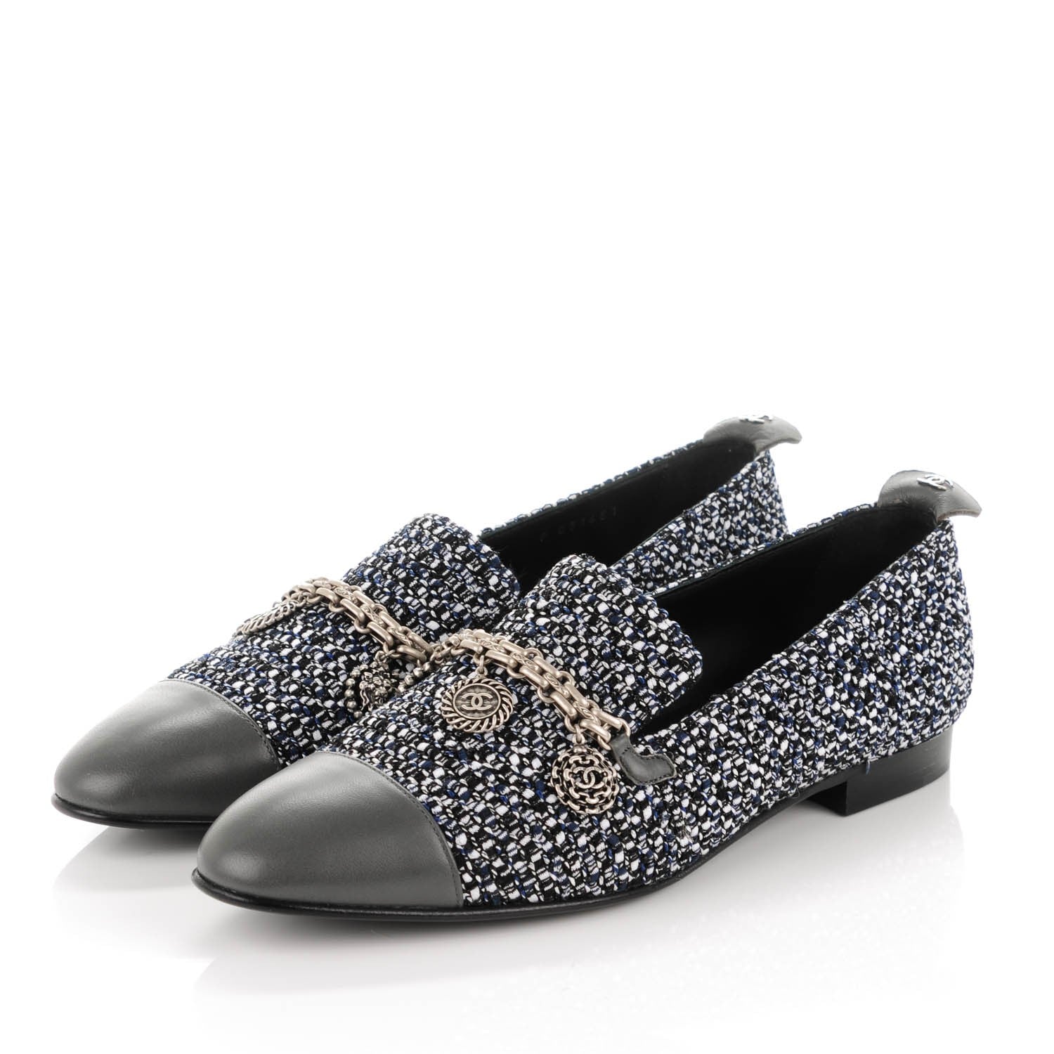 Chanel Tweed Lambskin Cap Toe Charm Loafers 38.5 Black Multicolor 3 of 8