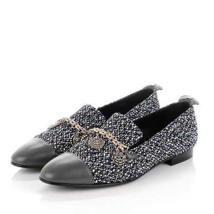 Chanel Tweed Lambskin Cap Toe Charm Loafers 38.5 Black Multicolor 3 of 8