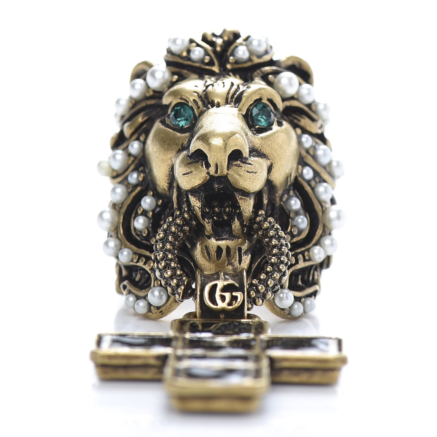Metal Crystal Pearl Lion Head Crucifix Ring S Gold Black