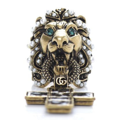 Gucci Metal Crystal Pearl Lion Head Crucifix Ring S Gold Black 3 of 9