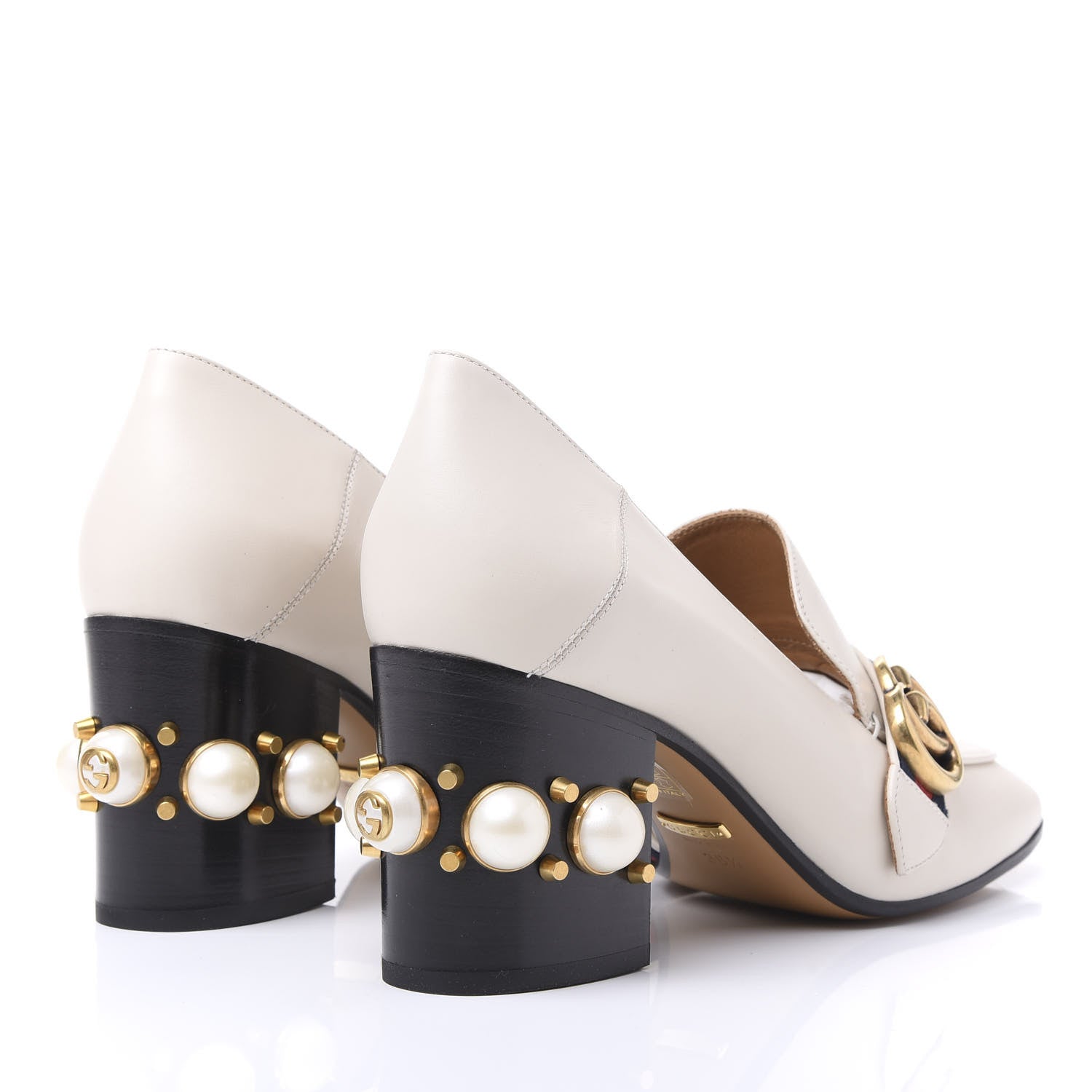 Gucci Betis Glamour Calfskin Web Pearl Embellished Peyton 75mm Loafer Pumps 38.5 Mystic White 4 of 9