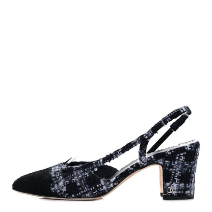 Chanel Tweed Cap Toe CC Slingback Pumps 38 Grey Black 1 of 8