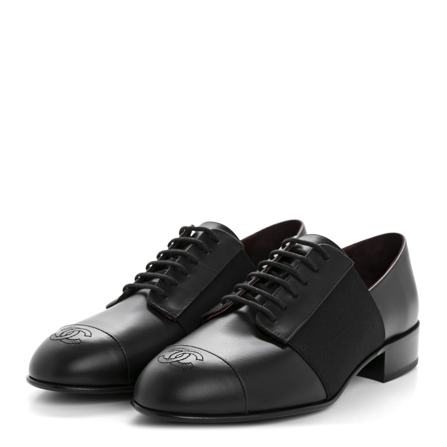 Calfskin Elastic Lace Up Cap Toe CC Loafers 37.5 Black
