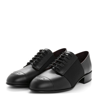 Chanel Calfskin Elastic Lace Up Cap Toe CC Loafers 37.5 Black 4 of 9