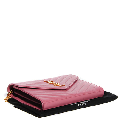 Saint Laurent Grain de Poudre Matelasse Chevron Medium Monogram Chain Wallet Pink 4 of 8