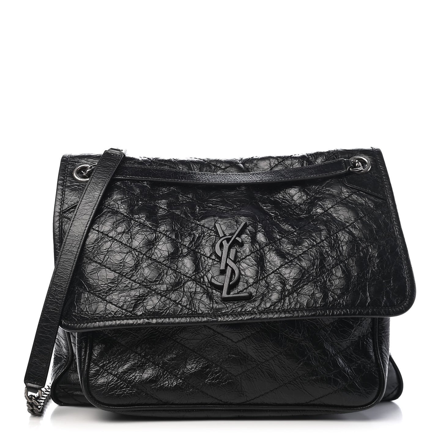 Crinkled Calfskin Matelasse Monogram Large Niki Chain Satchel Black