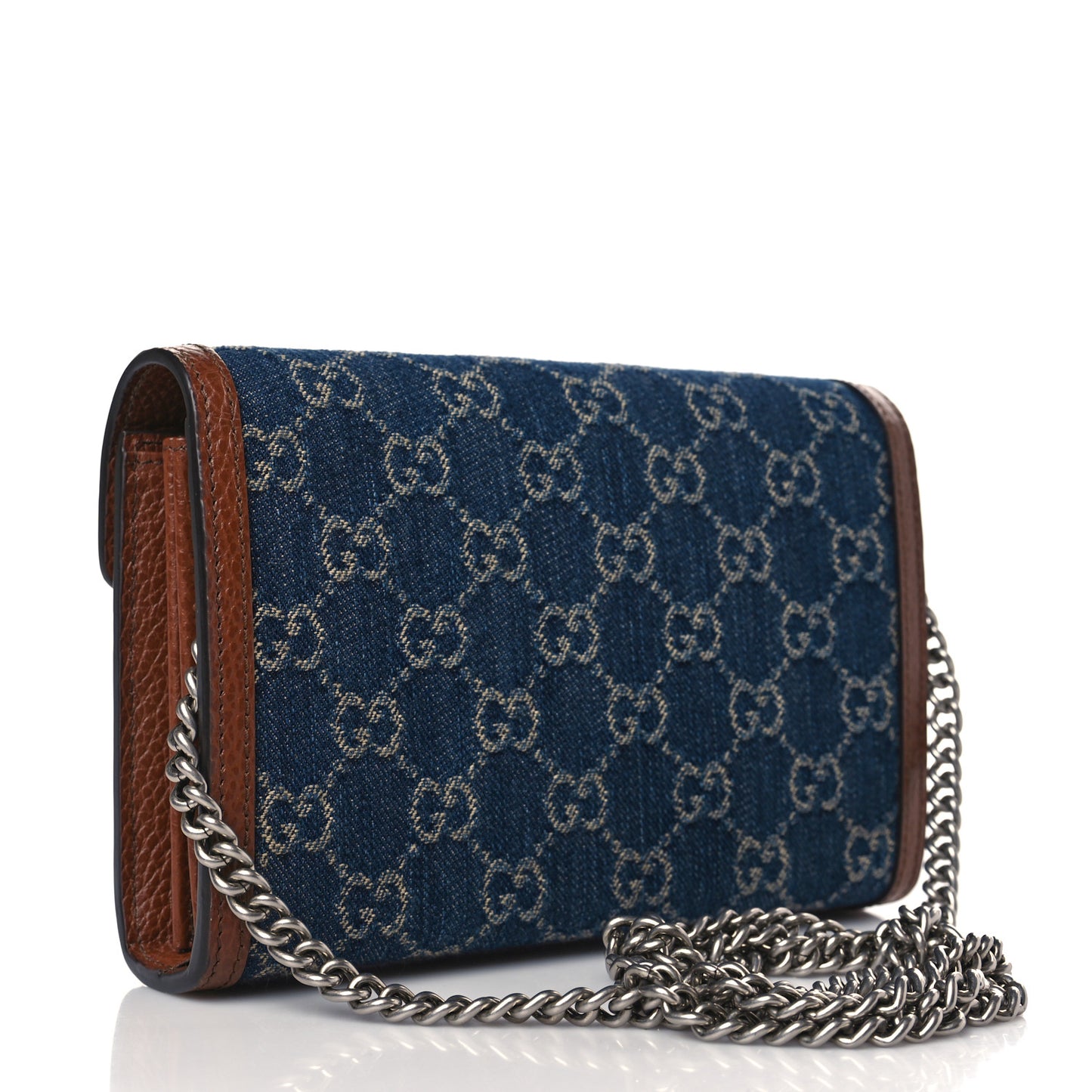 New Denim GG Monogram Dollar Calfskin Enamel Mini Dionysus Chain Wallet Blue Tea Cuir Epilog Electric Blue