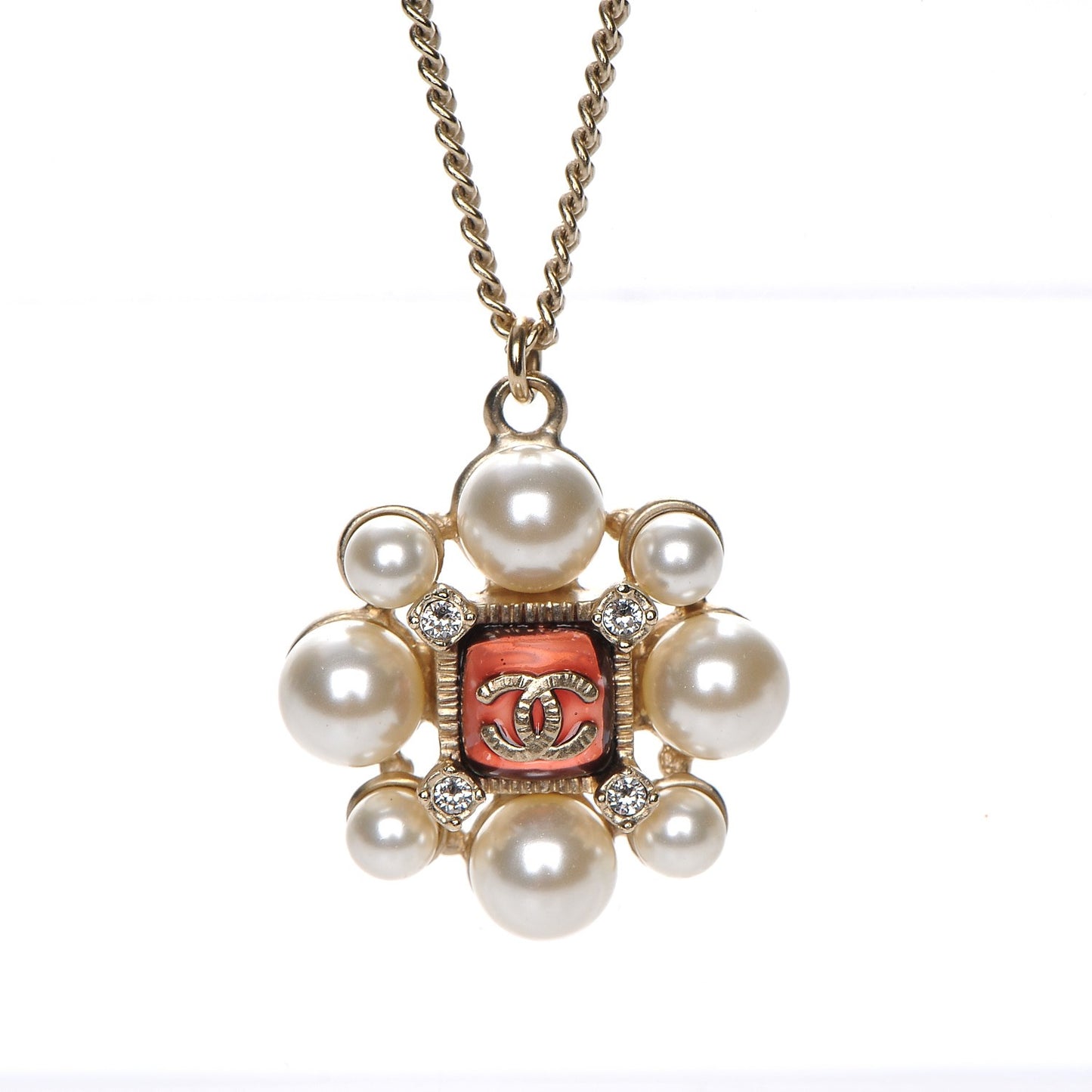 Gripoix Pearl Crystal CC Pendant Necklace Gold