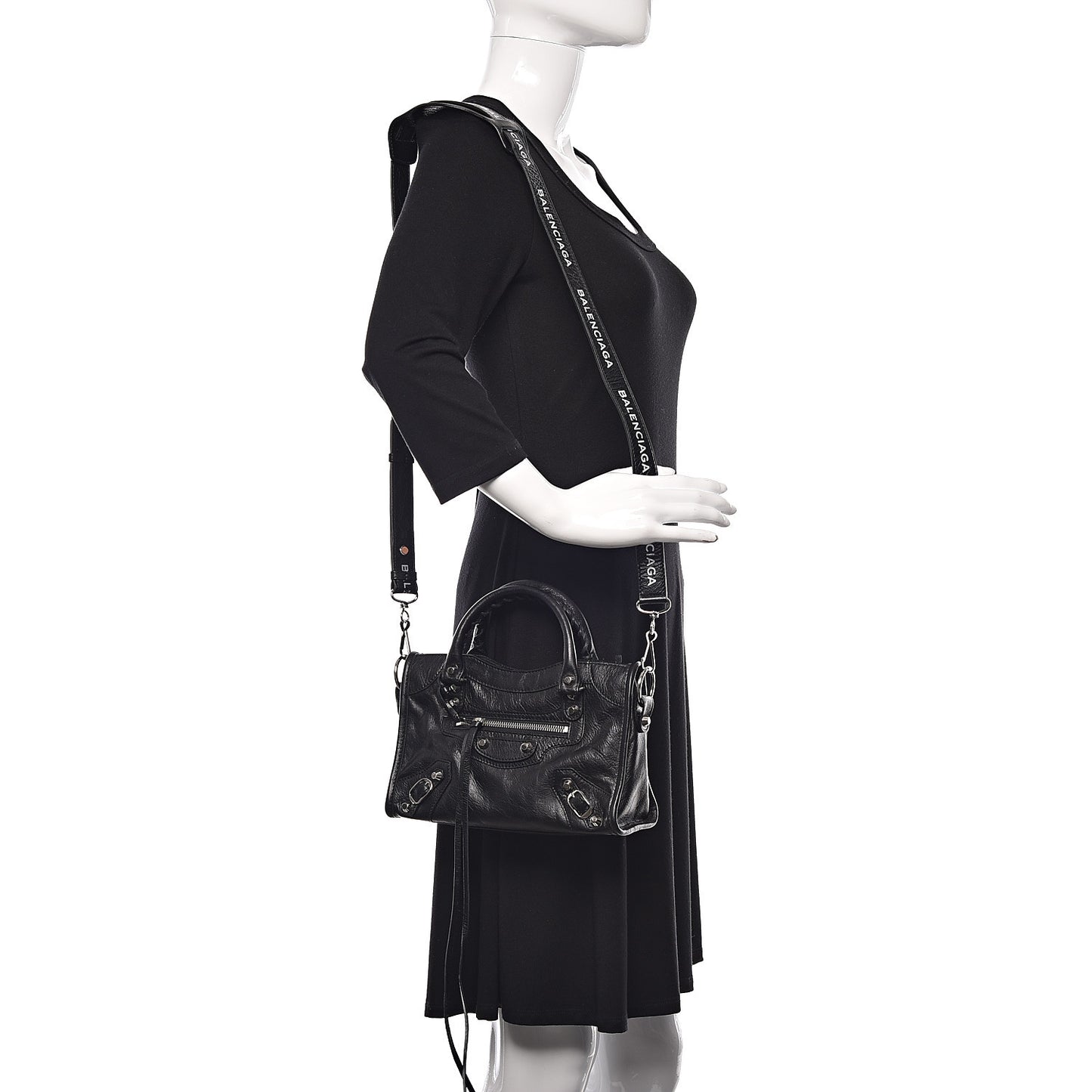 Agneau Classic Silver Hardware Mini City Logo Strap Black White