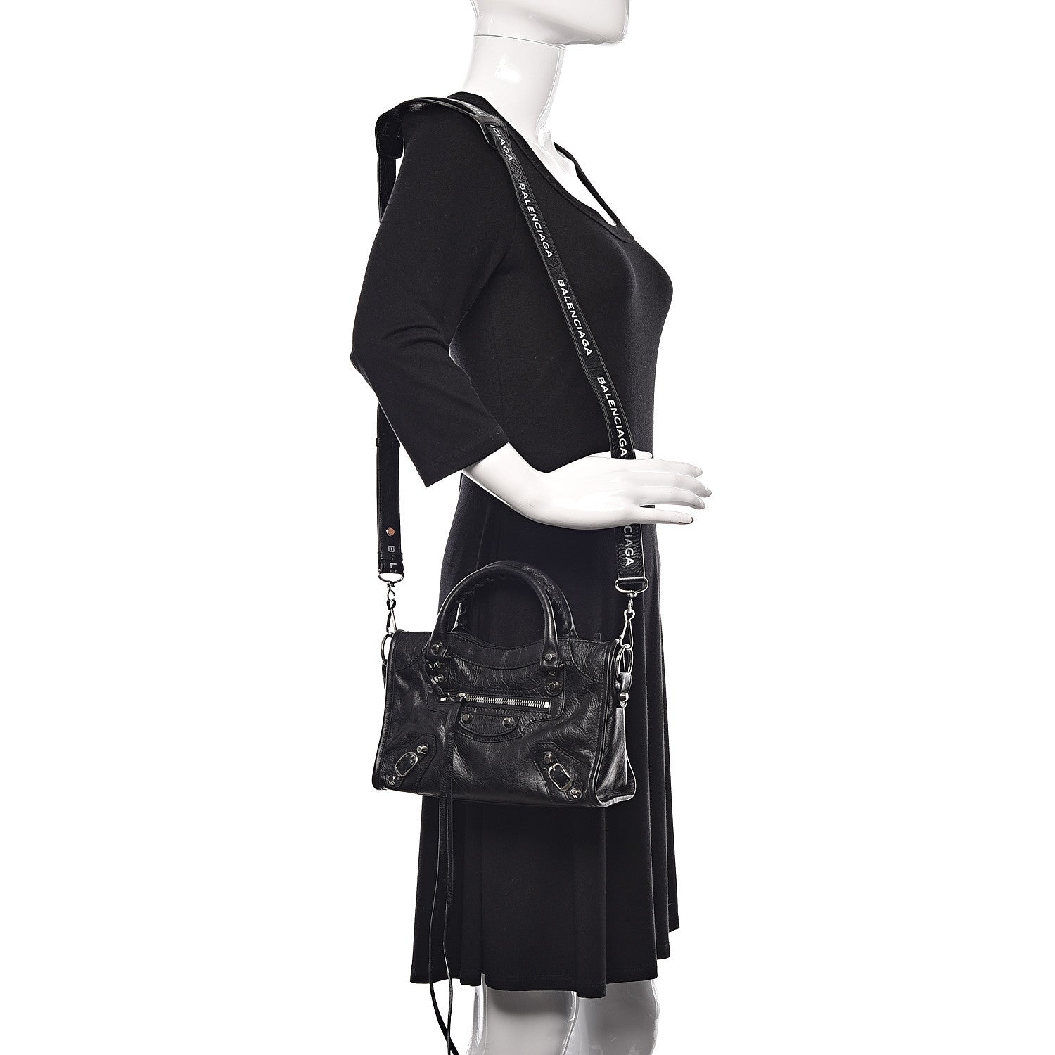 Balenciaga Agneau Classic Silver Hardware Mini City Logo Strap Black White 2 of 11