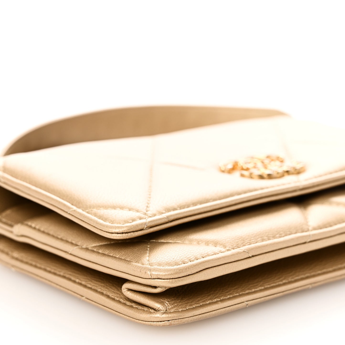 Metallic Goatskin Quilted Chanel 19 Wallet On Chain WOC Gold