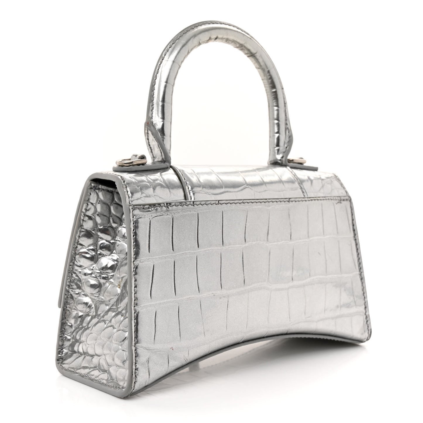 Metallic Calfskin Crocodile Embossed Hourglass Top Handle Bag XS Silver