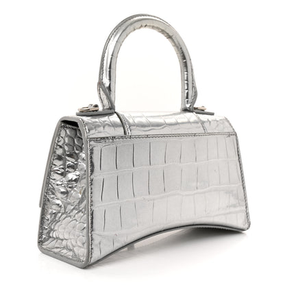 Balenciaga Metallic Calfskin Crocodile Embossed Hourglass Top Handle Bag XS Silver 3 of 15