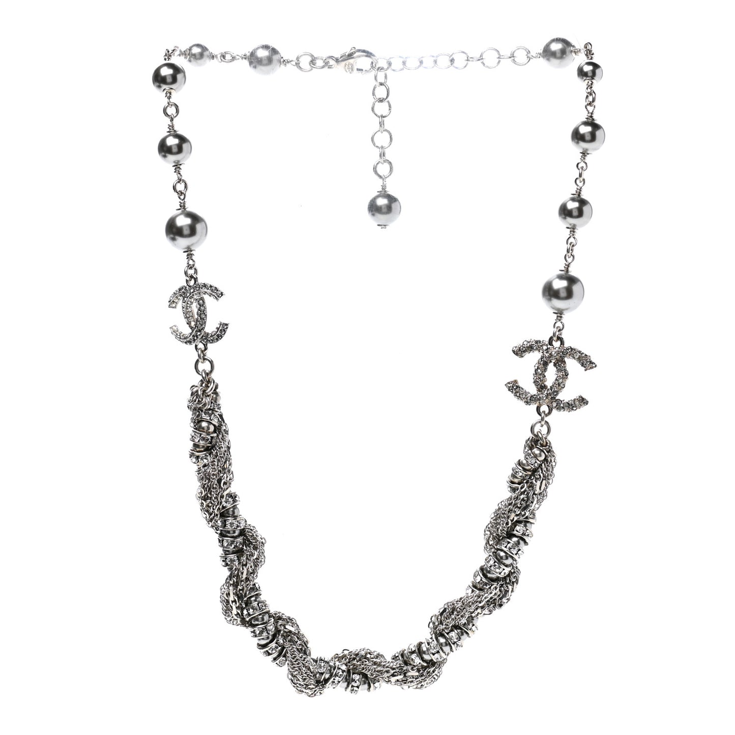 Pearl Crystal Chain CC Necklace Silver