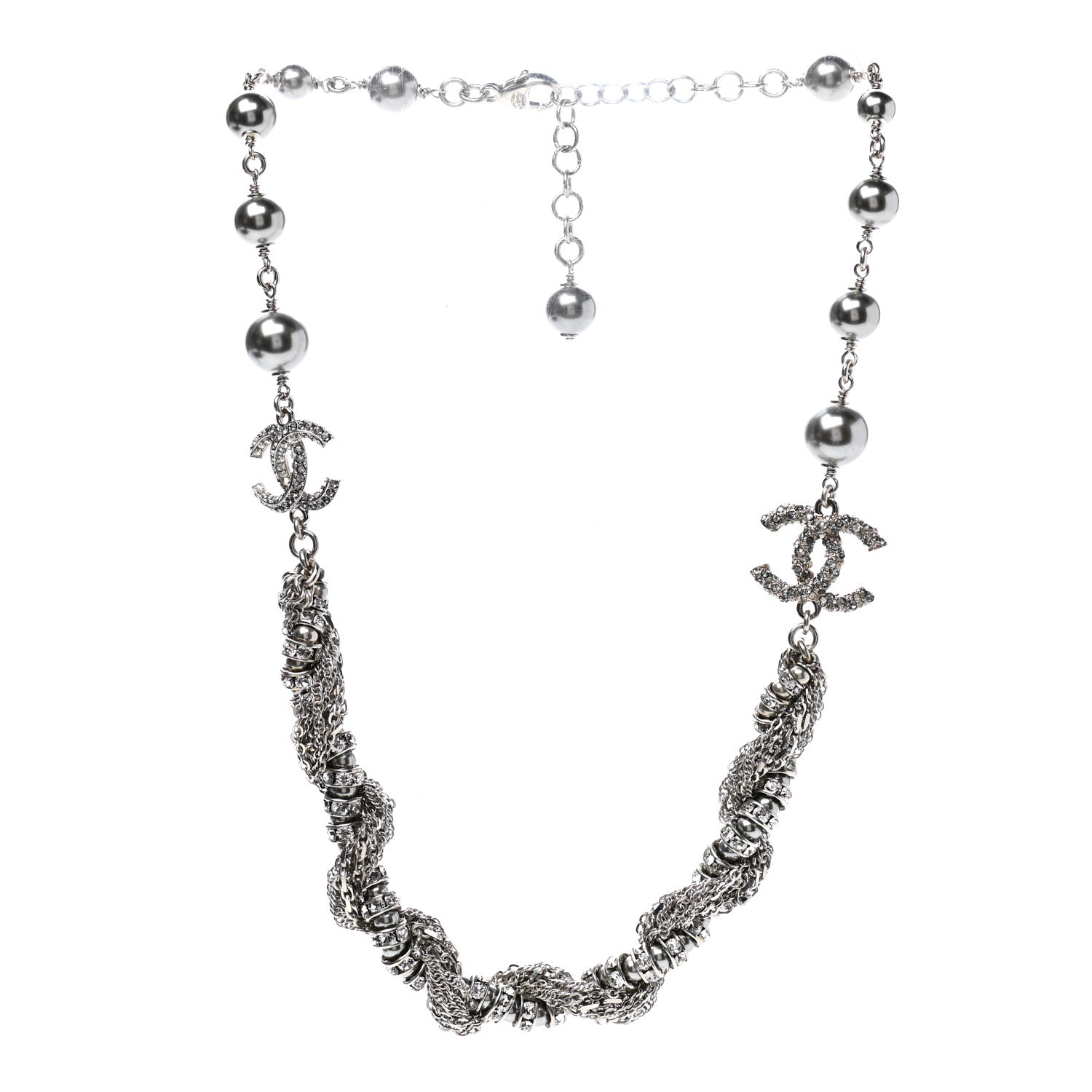 Chanel Pearl Crystal Chain CC Necklace Silver 3 of 5
