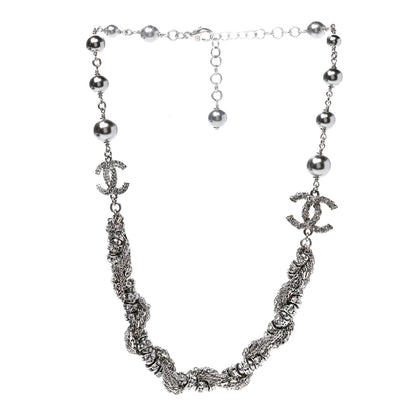 Chanel Pearl Crystal Chain CC Necklace Silver 3 of 5