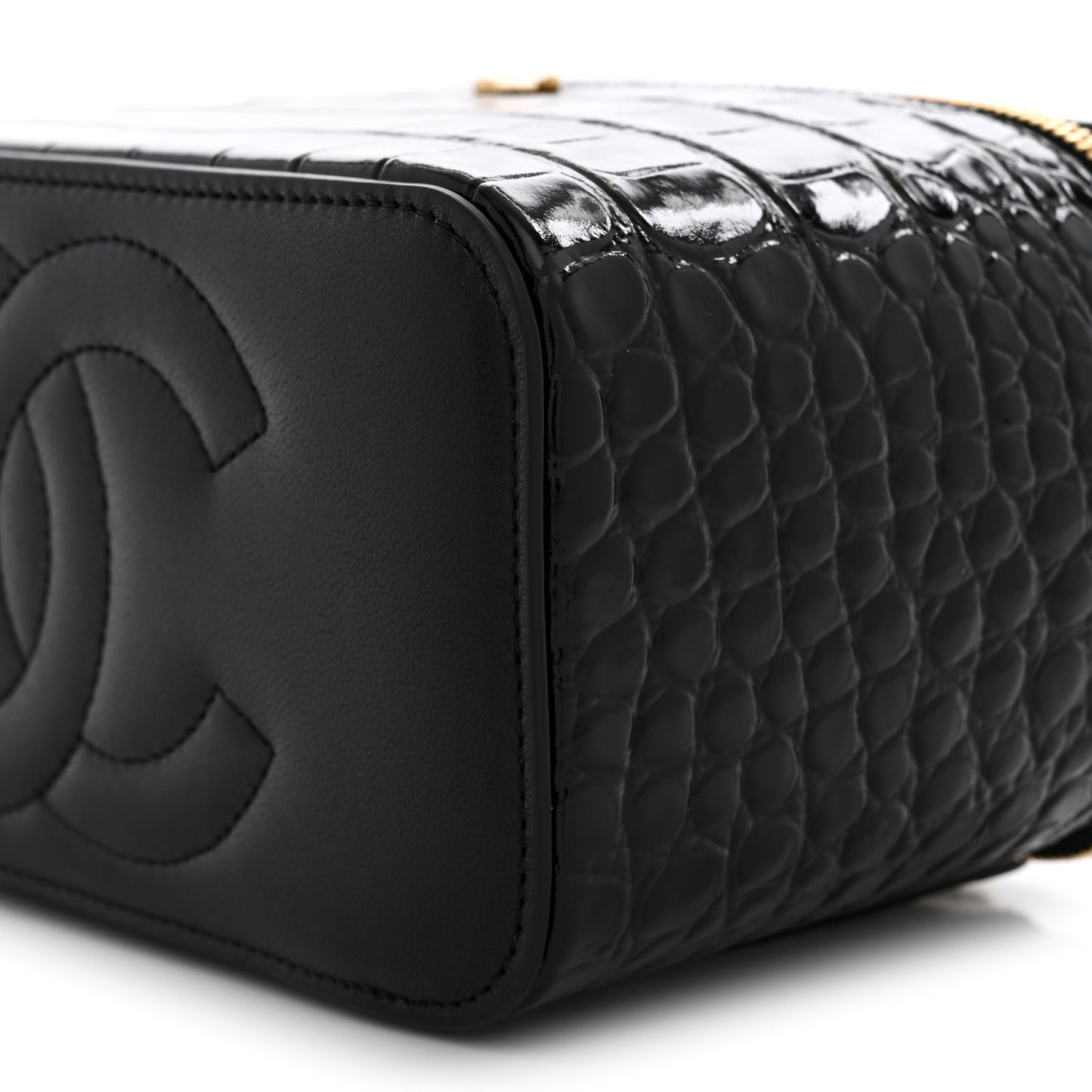 Calfskin Crocodile Embossed Crococo Small Top Handle Vanity Case With Chain Black