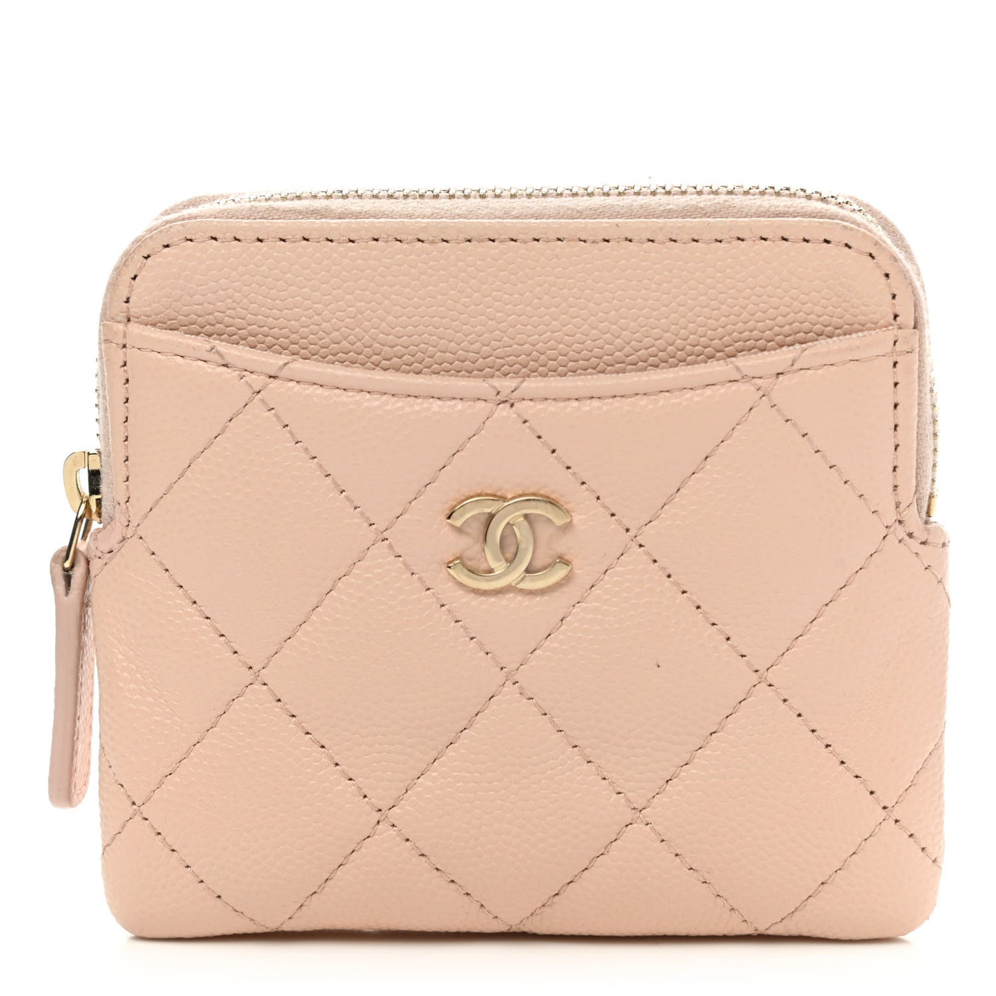 Caviar Quilted Zip Card Holder Wallet Light Beige