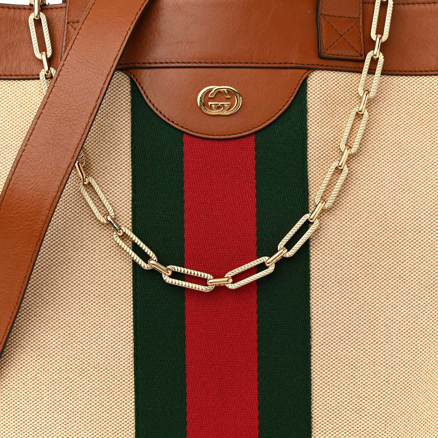 Gucci Vintage Canvas Calfskin Web Flat Tote Sand Light Cuir 8 of 11