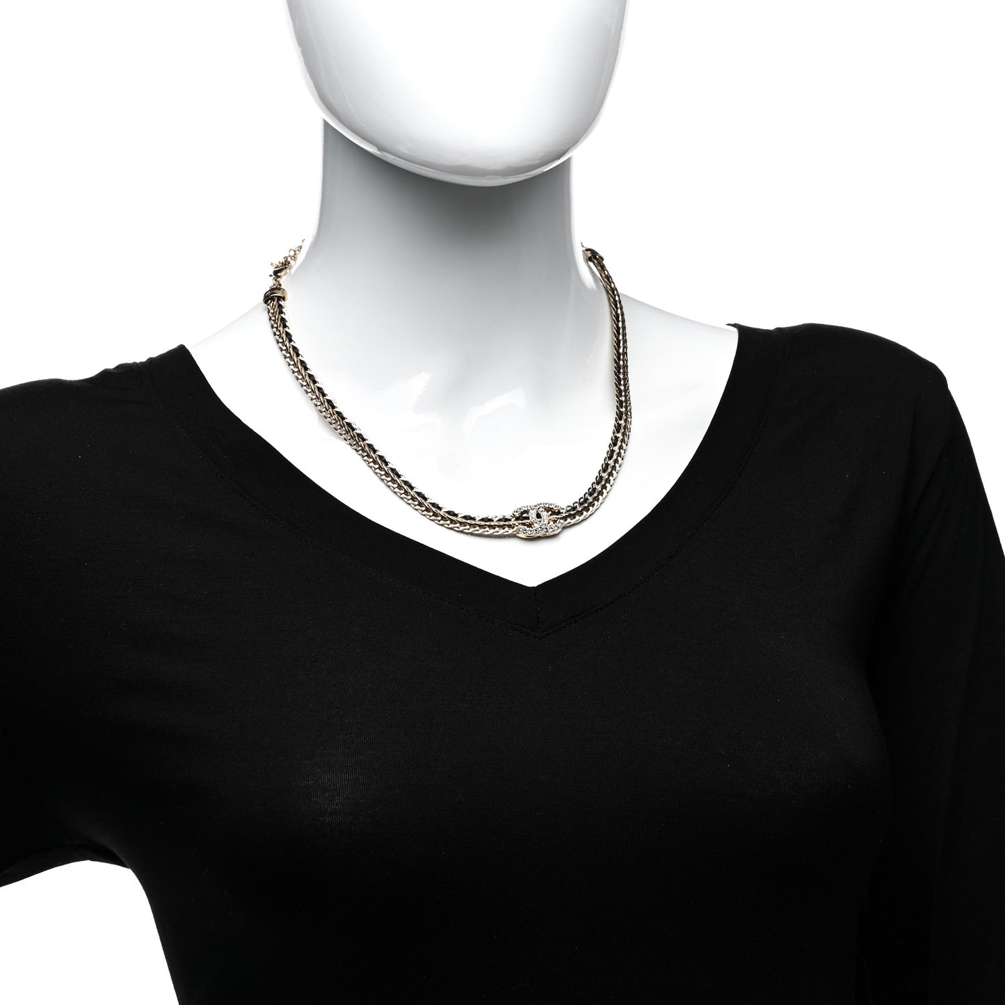 Metal Lambskin Crystal Chain CC Necklace Black Gold
