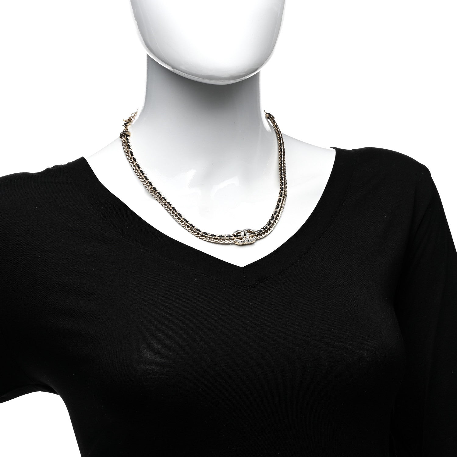 Chanel Metal Lambskin Crystal Chain CC Necklace Black Gold 2 of 4