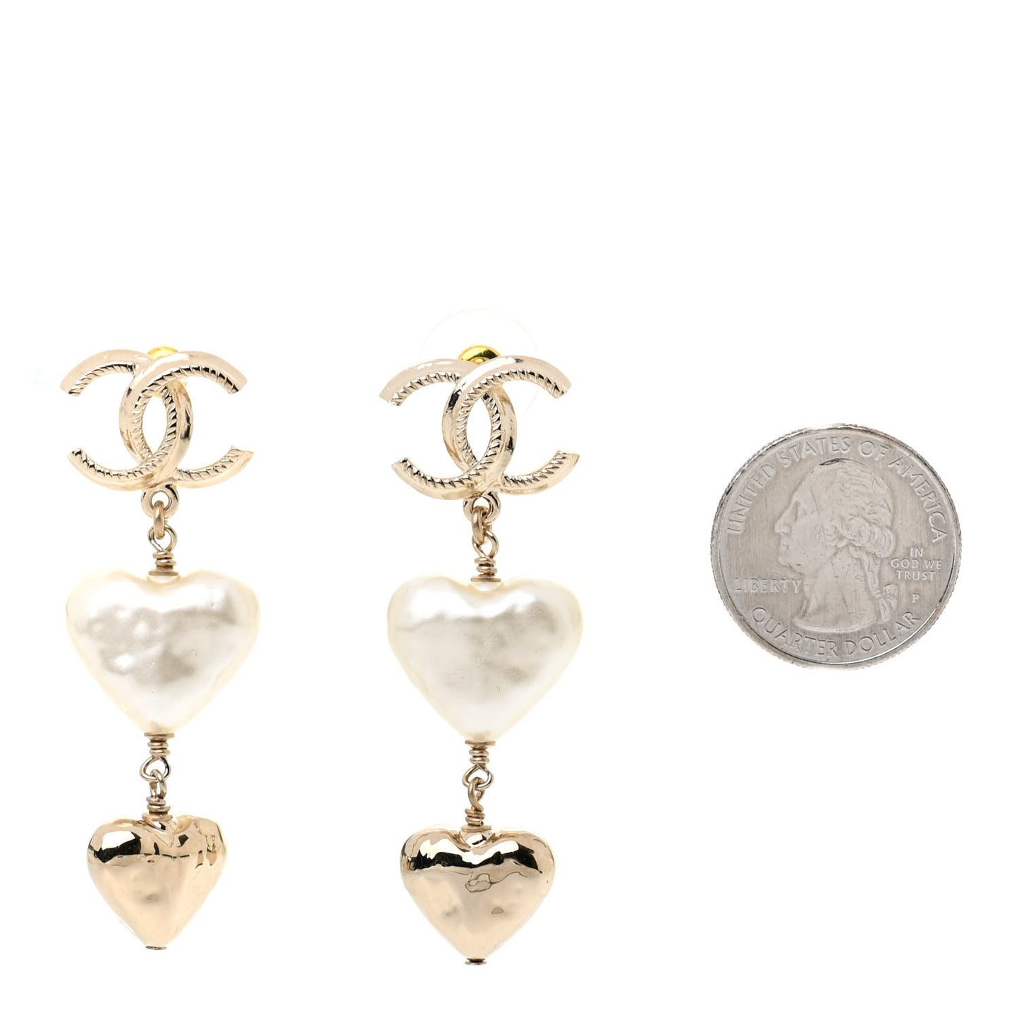 Pearl CC Double Heart Drop Earrings Gold