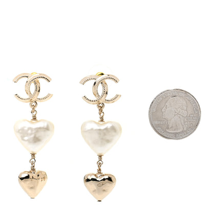 Chanel Pearl CC Double Heart Drop Earrings Gold 2 of 4