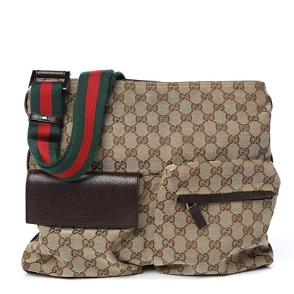 Gucci Monogram Web Medium Double Pocket Messenger Bag Dark Brown 1 of 9