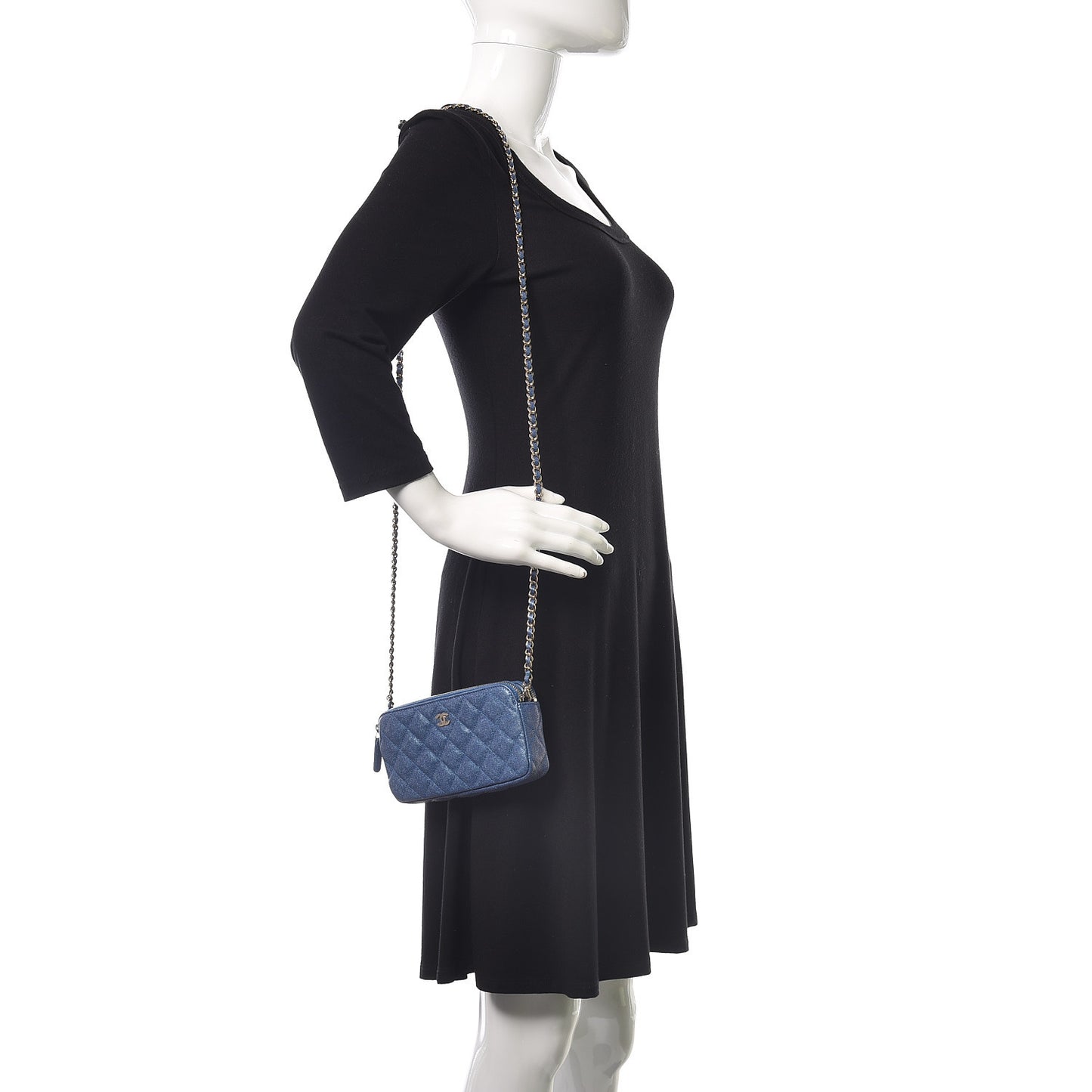 Iridescent Caviar Quilted Clutch With Chain Dark Blue