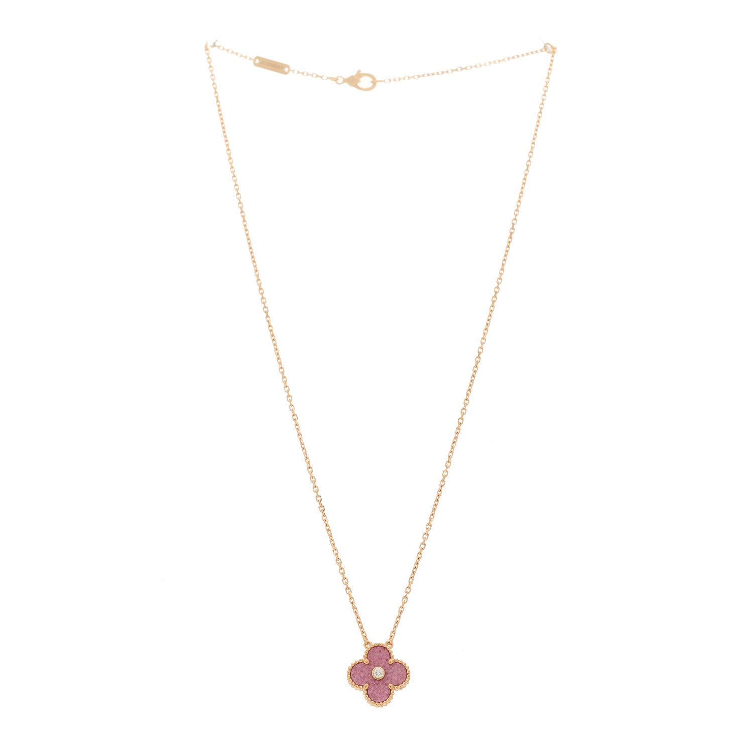 Van Cleef & Arpels 18K Rose Gold Diamond Rhodonite Vintage Alhambra Pendant Necklace 3 of 5